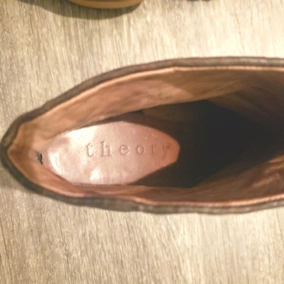 Theory Boots Women's Size 8.5 Dark Brown Textured Leather Wooden Heel - Picture 9 of 10